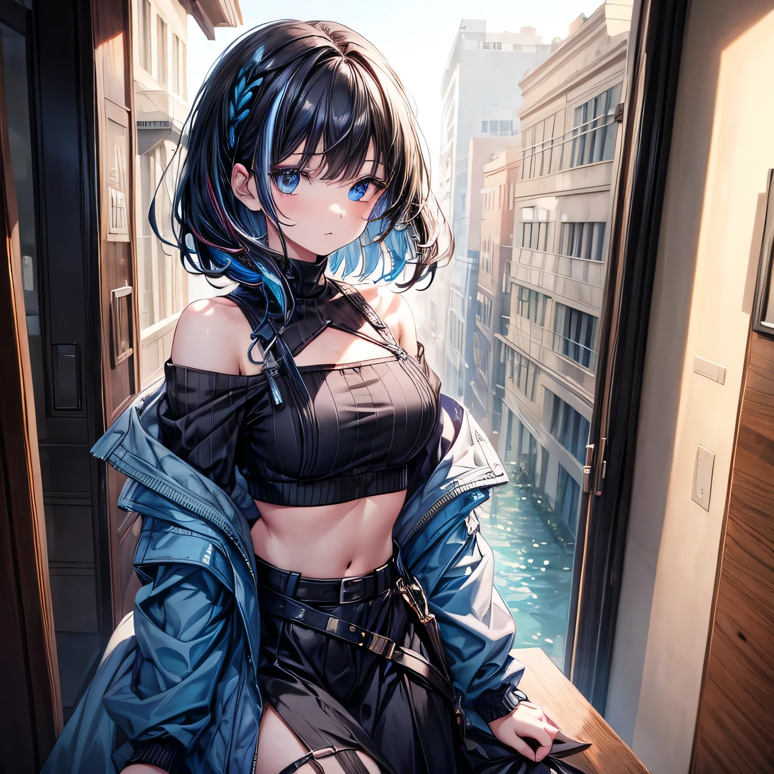 ((best quality)), ((masterpiece)), (detailed), 1girl, off-shoulder jacket, crop-top, medium black hair with blue streak, blue eyes