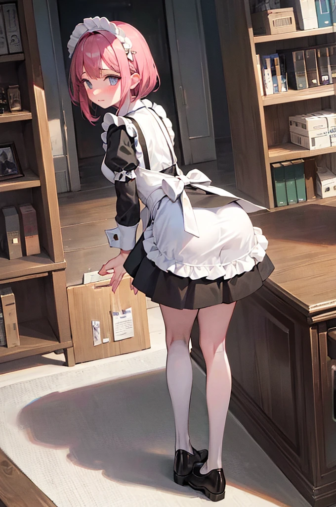 young girl, with maid outfit, ((standing backwards)), lifting her skirt to show her ass, Embarrassed expression, rich man's house scene, ass completely exposed, wearing thong panties, in subim, Linda .