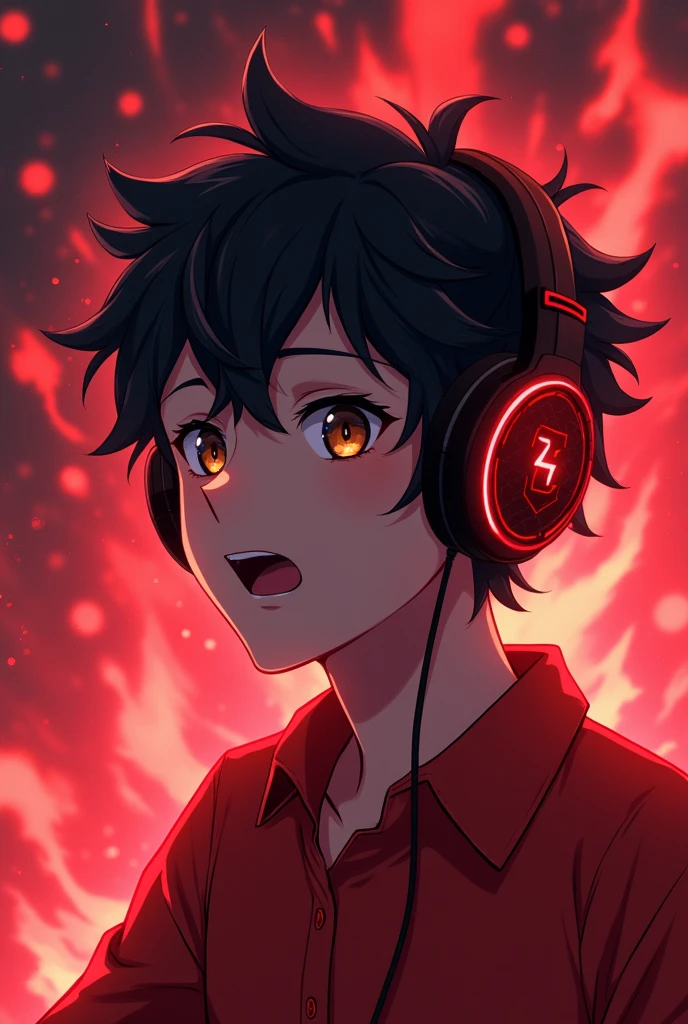Create an anime male character with curly black hair, brown eyes, light skin, a red shirt, gamer headphones, and a red themed background.