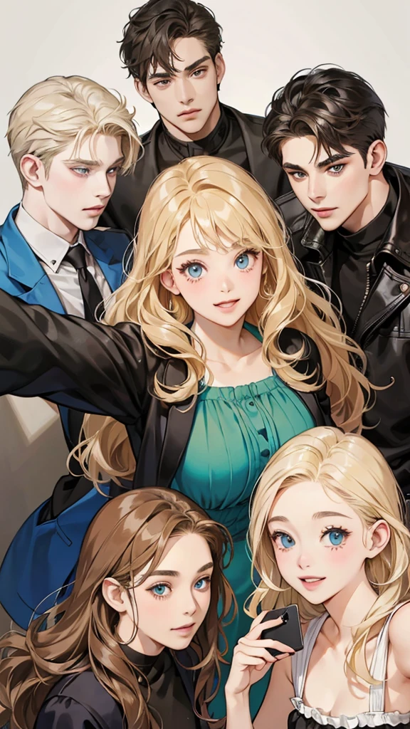 A chubby woman. She has short wavy blonde hair, . She is taking a selfie with her male friends. One has black hair and eyes and the other has brown hair and blue eyes.ผมสีน้ำตาล, ตาสีน้ำตาล