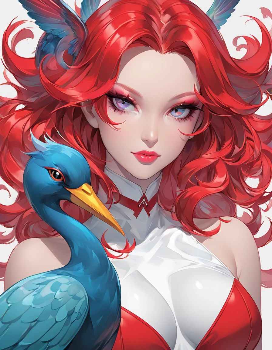 a close up of a woman in a red costume with a bird on her shoulder, artgerm and james jean, artgerm greg rutkowski _ greg, featured on artgerm, artgerm style, as seen on artgerm, artgerm colorful!!!, artgerm julie bell beeple, jessica rabbit, artgerm comic, stephen lau and artgerm, as seen on artgerm, artgerm julie bell beeple, stanley artgerm lau, artgerm and ben lo, portrait , artgerm on artstation pixiv, posing for photoshoot, beautiful sexy and beautiful and attractive, wide angle photograph