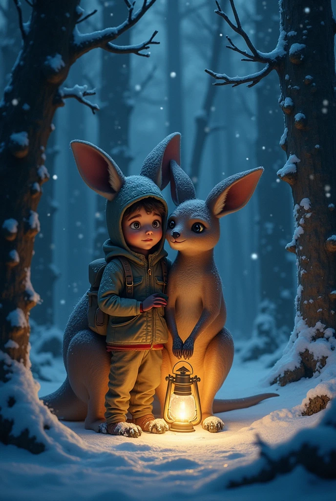 Young adult boy and giant kangaroo joey, Rena and Dragon, Lost in the dark forest in the snowstorm.