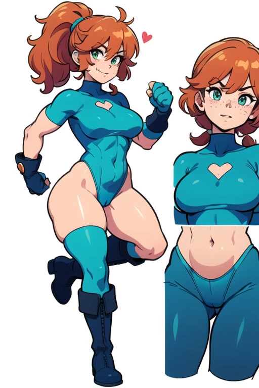 ((masterpiece)), (((best quality))), Illustration, (masterpiece), (best quality), (high res), 1lady, tall body, beautiful detailed eyes, beautiful detailed face, serious, (perfect hands), complete fingers, perfect anatomy, perfect proportions, ((ginger hair, curly hair, ponytail)), ((green eyes)), ((leotard, light blue leotard, matching leotard, long sleeve, booty shorts, cheeky, turtle-neck collar, light blue stockings on legs)), ((boots, matching boots, ankle-high boots, light blue boots)), breasts, large breasts, dynamic pose, (dynamic_angle:1), (dynamic_pose:1.2), (masterpiece:1.2), (best quality, highest quality), (ultra detailed), (8k, 4k, intricate),(full body:1) (Masterpiece, Best Quality), 8k Wallpaper, highly detailed, poster, running pose, running at viewer, incredibly muscular, teal, light blue, light blue color, punching, blue hearts, heart theme, (full body portrait), punching viewer, freckles, heavy freckles, revealing unitard, solo, super hero, super hero pose, solo focus, standing, character sheet, multiple angles, muscle girl, muscular woman, sexy muscles, (short sleeves, light blue gloves), (light blue heart symbol on chest), full body costume design. (simple background, white background: 1.3) ,--6, comic, comic style, full body showing, entire body showing, pin up, pin up model, pin up style, super revealing,