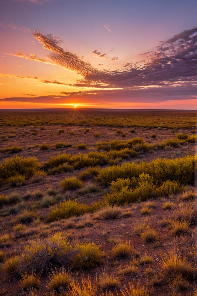 A breathtaking sunset over the expansive plains of eastern New Mexico, Llano Estacado. The sky is painted with vibrant hues of orange, pink, and purple, casting a warm glow over the vast, open landscape. Wispy clouds add texture to the sky, while the flat terrain stretches endlessly, dotted with sparse vegetation typical of the region. The scene captures the serene and majestic beauty of the high plains at dusk.