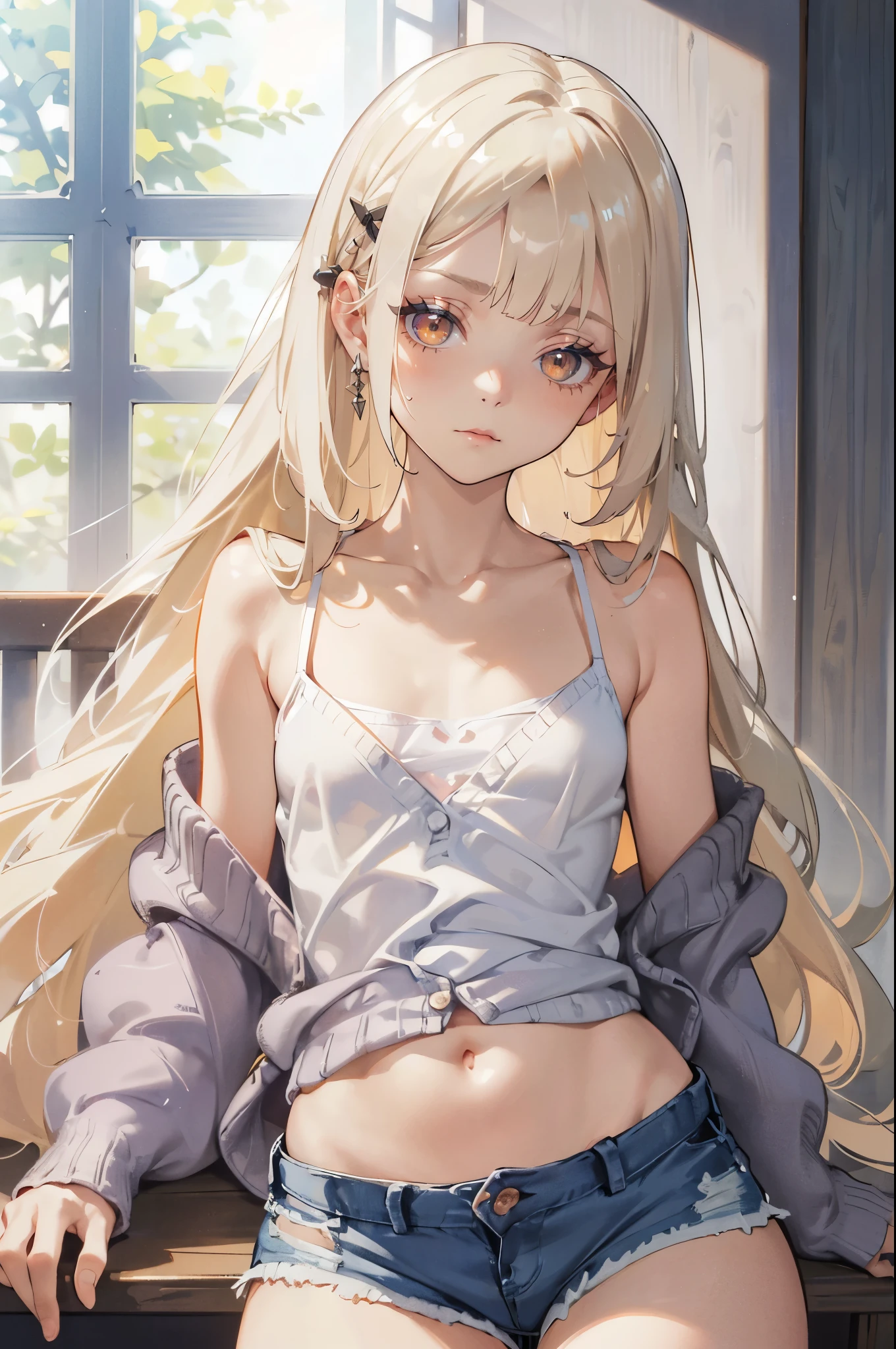 Photorealistic:1.5, Beautiful woman, hairstyle that bounces outward, (platinum blond hair:1.5), (platinum blond colored eyelash:1.5), (parted bangs:1.5), (amber color eyes:1.5), (sleepy face:1.5), blush:1.2, (tilt one's head:1.5), (hairpin:1.1), (masterpiece:1.3), (best quality:1.3), high-resolution, Head-on angle, Body facing forward, solo, beautiful detailed eyes, mid day, (((best quality, textile shading, ultra detailed))), extremely detailed CG unity 8k wallpaper, Highly Detailed beautiful and aesthetic, high resolution, detailed, dramatic lighting, 1Character, soft, gentle colors, (flat chest:1.5), (white camisole:1.5), (blue shorts:1.5), (Navel peeking out a little:1.2), (super long hem summer cardigan:1.5), (skinny:1.5), blur background, nature park, standing:1.2,