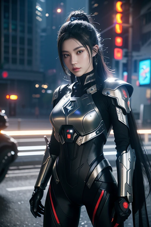 Game Art，Best image quality，Maximum resolution，8K，((A bust photo))，((portrait))，(Rule of Thirds)，Unreal Engine 5 rendering works， (Future girl)，(Female Warrior)， 22-year-old young hacker)，(Ancient Oriental Hairstyle)，(Beautiful eyes full of details)，(Large Breasts)，(Eyeshadow)，Elegant and charming，indifferent，((frown))，(Combat uniforms full of futuristic technology，This costume combines futuristic power armor and，Clothing is decorated with glittering patterns and emblems)，Cyberpunk Characters，in the style of futuristic， Photo poses，City background，lamp，Ray Tracing，Game CG，((3D Unreal Engine))，OC rendering reflection mode
