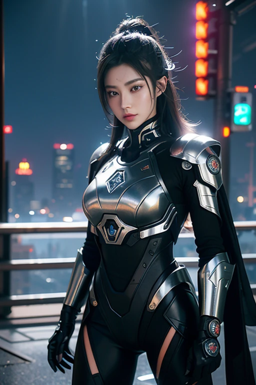 Game Art,Best image quality,Maximum resolution,8K,((A bust photo)),((portrait)),(Rule of Thirds),Unreal Engine 5 rendering works, (Future girl),(Female Warrior), 22-year-old young hacker),(Ancient Oriental Hairstyle),(Beautiful eyes full of details),(Large Breasts),(Eyeshadow),Elegant and charming,indifferent,((frown)),(Combat uniforms full of futuristic technology,This costume combines futuristic power armor and,Clothing is decorated with glittering patterns and emblems),Cyberpunk Characters,in the style of futuristic, Photo poses,City background,lamp,Ray Tracing,Game CG,((3D Unreal Engine)),OC rendering reflection mode
