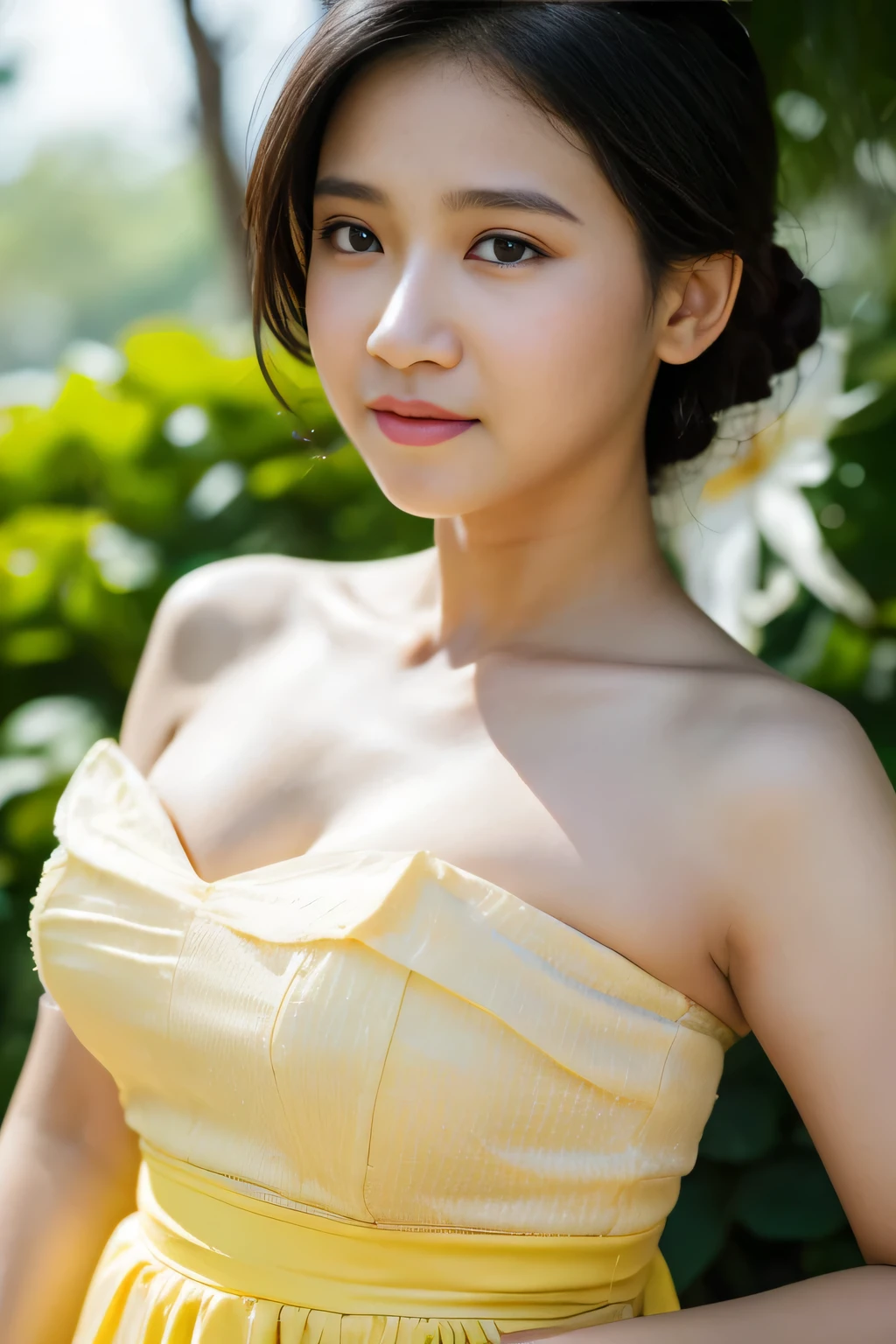 (sweat:0.7),Light yellow wedding dress,white short skirt,woman,javanese,exquisite face, beautiful face,bare shoulders,shoulders slightly exposed,translucent skin,black eyes,black hair,(photorealistic:1.4),realistic details, high resolution,bokeh,outstanding details