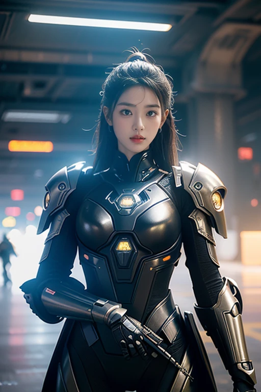Game Art,Best image quality,Maximum resolution,8K,((A bust photo)),((portrait)),(Rule of Thirds),Unreal Engine 5 rendering works, (Future girl),(Female Warrior), 22-year-old young hacker),(Ancient Oriental Hairstyle),(Beautiful eyes full of details),(Large Breasts),(Eyeshadow),Elegant and charming,indifferent,((frown)),(Combat uniforms full of futuristic technology,This costume combines futuristic power armor and,Clothing is decorated with glittering patterns and emblems),Cyberpunk Characters,in the style of futuristic, Photo poses,City background,lamp,Ray Tracing,Game CG,((3D Unreal Engine)),OC rendering reflection mode