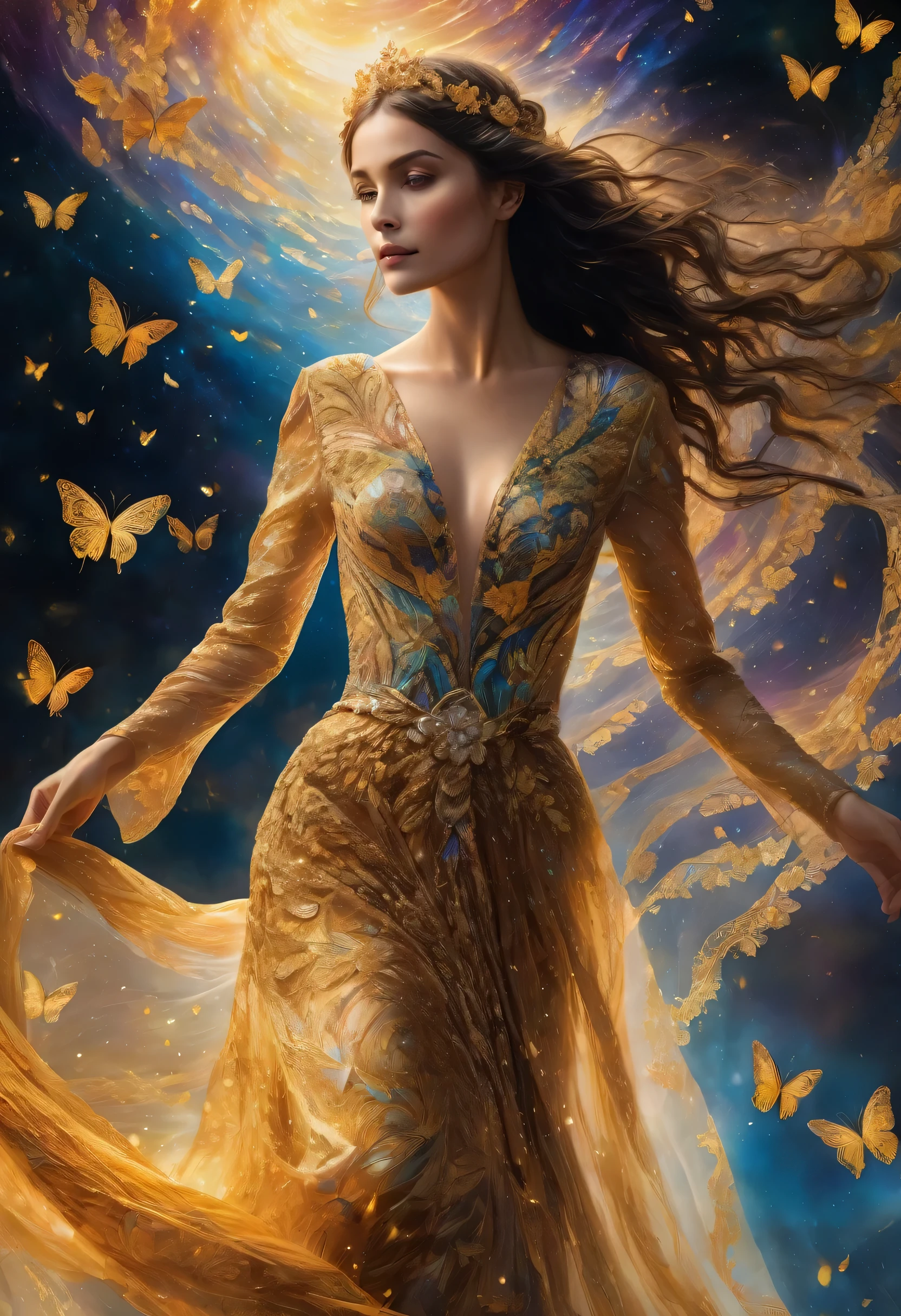 (The setting is black and gold). Her dress has a beautiful pulsating and sparkling golden pattern and rainbow colors that gives her an extraordinary appearance. a spiral halo of energy hovers in the cosmic background, giving the image an otherworldly appearance, ((a current of energy rotates as if cutting through the air), golden and iridescent butterflies fly around the ((beautiful woman)), (((ultra -intricate detailed illustration of a stunning woman, a ghostly creature,))) (transparent floral fabric of her robes floating around the main character) (unusual chromatic contrast) UHD, HDR, 8K.