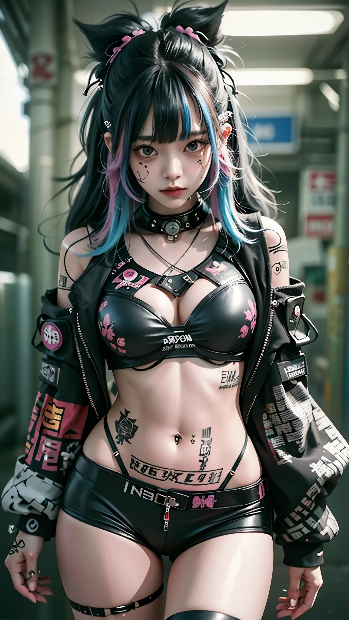 ((masterpiece , best quality, 8k,)), Korean woman in her 20s , slim , (huge breasts:1.1) , (I have a lot of hair.), (messy hair:1.37) , Punk style hair with flashy colors , (expressionless: 1), Cyberpunk feel, Tattoo, Funky clothes, Lip piercing