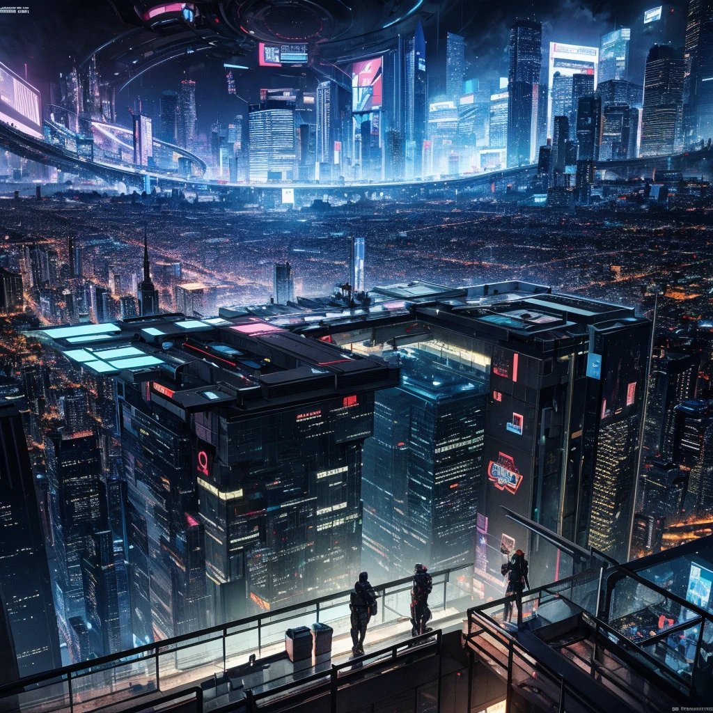 Guvez style cyber-future city, high-quality CG, multiple characters, complex scenes, full of competitive atmosphere, emphasizing futurism and technology, full of color, rich details, tough lines, and desperate expressions of characters