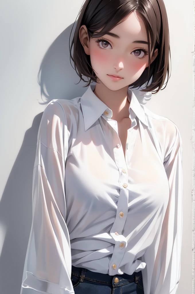 High Definition, Beautiful Japanese Idol Teenage Girl with Dark Hair, Dark Beautiful Droopy Eyes, ((Very Short Hair)), Silk Skin, Blush, Bashful Face, Photorealistic, Portrait, Masterpiece Painting, One Woman (White Shirt:1.5), Flat Breasts, 8K, Leaning Against White Wall, Shadow, High Contrast