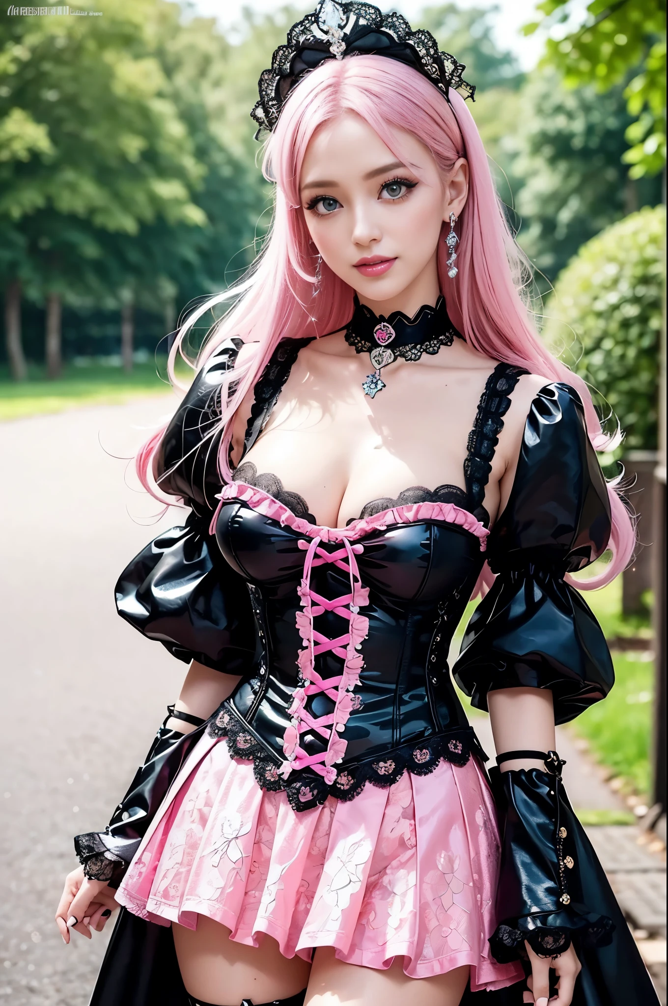 sexy stylish Swedish model, only 1 female, ((doll-like appearance)), long neon pink stylish hair, ((shiny Victorian-Style boots)), (big smile), ultra detailed eyes, vivid eye makeup, lipgloss, long lashes, defined eyebrows, ((sexy Paradise Kiss cosplay)), bell-shaped skirt, petticoats, high neckline, puffed sleeves, ((ultra detailed lace)), ((ultra detailed embroidery)), intricate details, Paradise Kiss accessoires and matching headpiece, choker, ((large sparkling Paradise Kiss jewelry)), cinematic light, detailed large park background with trees
