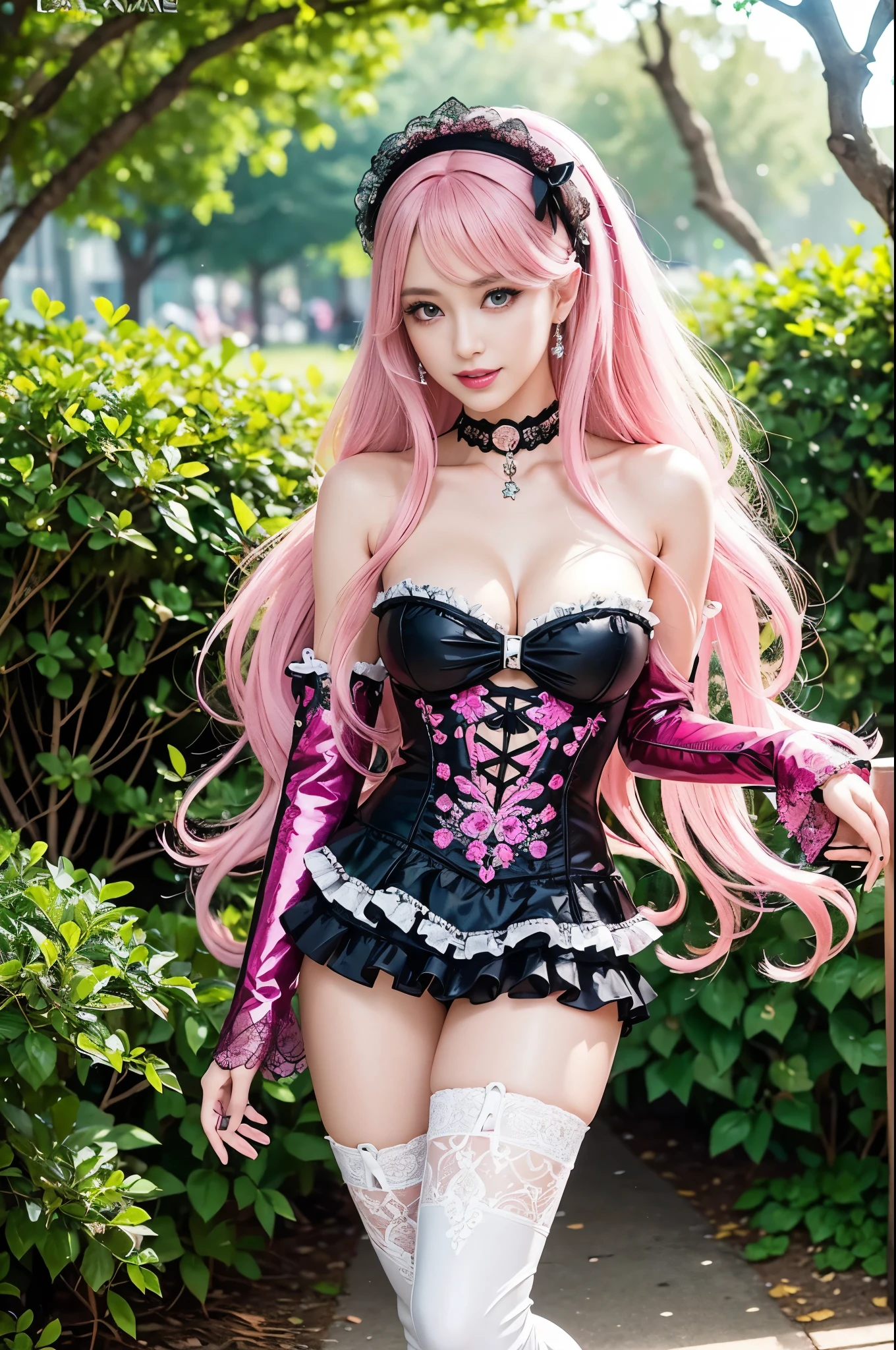 sexy stylish Swedish model, only 1 female, ((doll-like appearance)), long neon pink stylish hair, ((shiny Victorian-Style boots)), (big smile), ultra detailed eyes, vivid eye makeup, lipgloss, long lashes, defined eyebrows, ((sexy Paradise Kiss cosplay)), bell-shaped skirt, petticoats, high neckline, puffed sleeves, ((ultra detailed lace)), ((ultra detailed embroidery)), intricate details, Paradise Kiss accessoires and matching headpiece, choker, ((large sparkling Paradise Kiss jewelry)), cinematic light, detailed large park background with trees