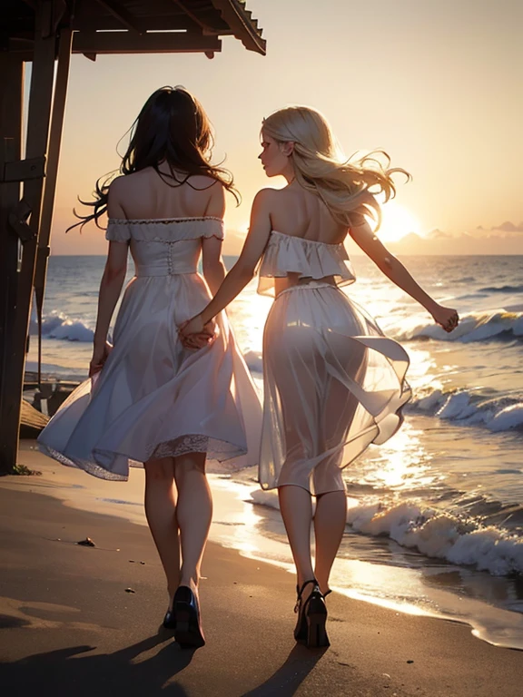 (realistic photo:1.37), Summer sea evening sunset, Sunset overlap the person, The sunset is reflected on the sea surface, (Dazzling sunset:1.4, beautiful evening sunset:1.3), Back view of two women on the beach, (((Holding hands and looking beyond the horizon))), (Lens Ghosting:1.5, lens flare:1.2, Octagon-shaped lens ghost), Fiery Horizon, (Silky platinum blonde Hair:1.2), (The other one woman ultra Shiny straight black hair:1.3), ((Natural backlighting:1.4)), ((one woman wears lace tiered mini skirt and sheer white Summer clothes)), ((The other woman wears a sheer tulle skirt and Sheer tops, Inner camisole)), ((full body view:1.2)), Slightly slimmer body, Realistic Skin, 
BREAK. masterpiece, ultra high resolution, high definition RAW photograph, Highly detailed CG, best quality, 4K, perfect anatomy, perfect proportions, Romantic Landscape, Sparkling sea, Accurate limbs, Back blur, Hand details, finger details, erotic body