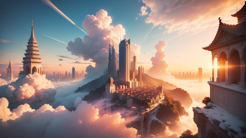 Imagine a breathtaking city floating among the clouds at dawn in spring. The City of Angels is built on several interconnected islands, each adorned with delicate cherry blossoms in full bloom. The city’s architecture is ethereal, with tall, graceful spires and buildings that glow softly in the early morning light. The sky is a mix of soft pinks and oranges, and the mist swirls gently around the islands. Angelic figures with translucent wings hover above the city, bathed in the warm, golden light of the rising sun. Strong contrast, Good depth of field, 8K wallpaper, Masterpiece, Aesthetic illustration in realistic style, best quality, natural light, high res, highly detailed, All the colors and materials in this work are very harmoniously combined