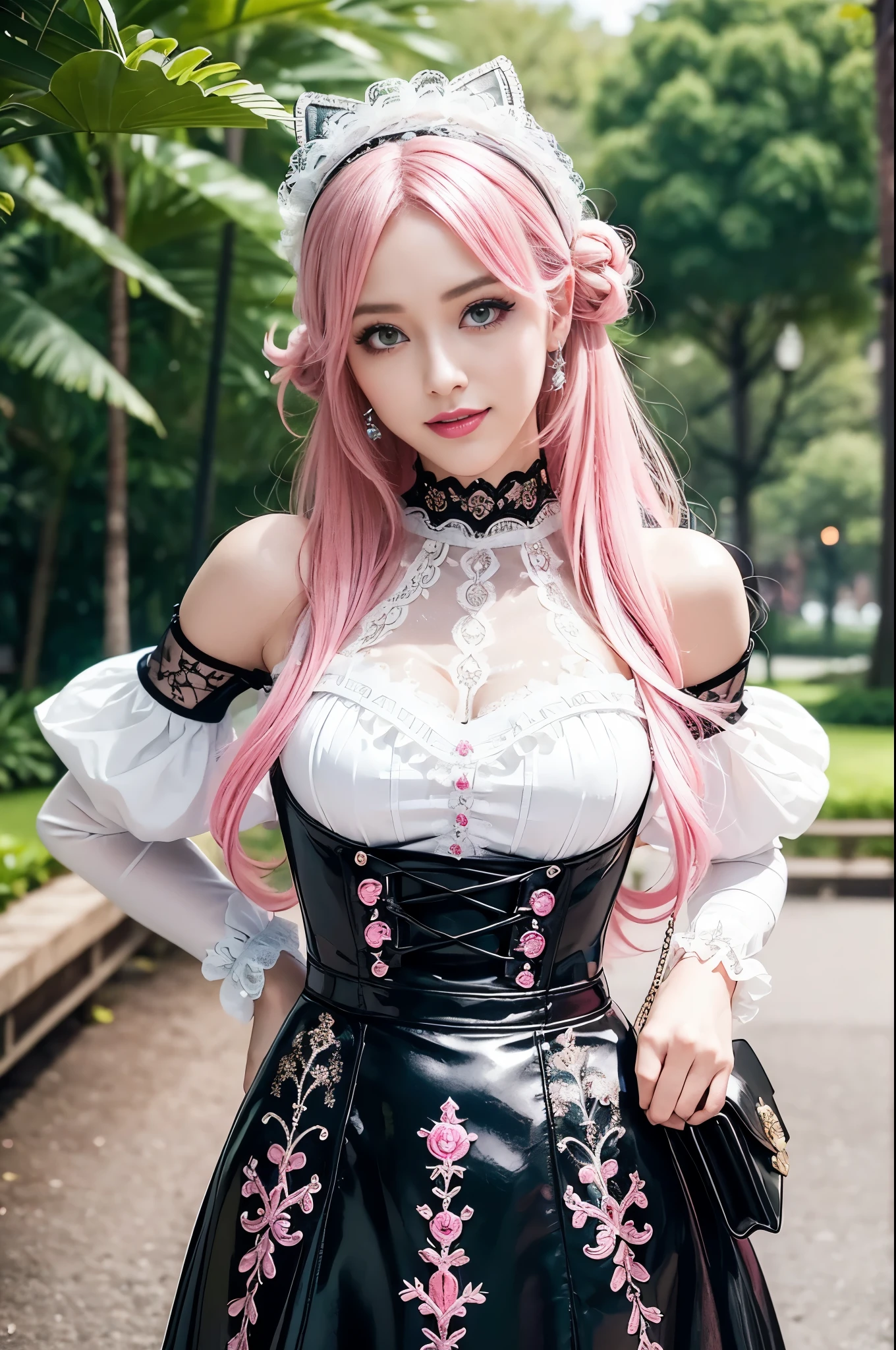 sexy stylish Swedish model, only 1 female, ((doll-like appearance)), long neon pink stylish hair, ((shiny Victorian-Style boots)), (big smile), ultra detailed eyes, vivid eye makeup, lipgloss, long lashes, defined eyebrows, ((sexy Paradise Kiss cosplay)), bell-shaped skirt, petticoats, high neckline, puffed sleeves, ((ultra detailed lace)), ((ultra detailed embroidery)), intricate details, Paradise Kiss accessoires and matching headpiece, choker, ((large sparkling Paradise Kiss jewelry)), cinematic light, detailed large park background with trees