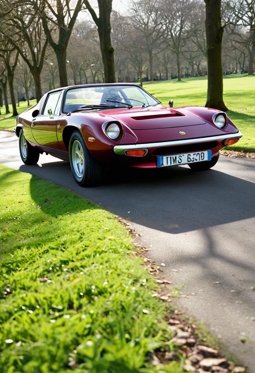 1974 Lotus Europa Twin Cam Special 5-speed, the color of the car is wine red, it is running on a green park road, the sunlight filtering through the trees illuminates the car, the sunlight is gentle, the shadows are deep, it is spring, professional lighting, professional camera,