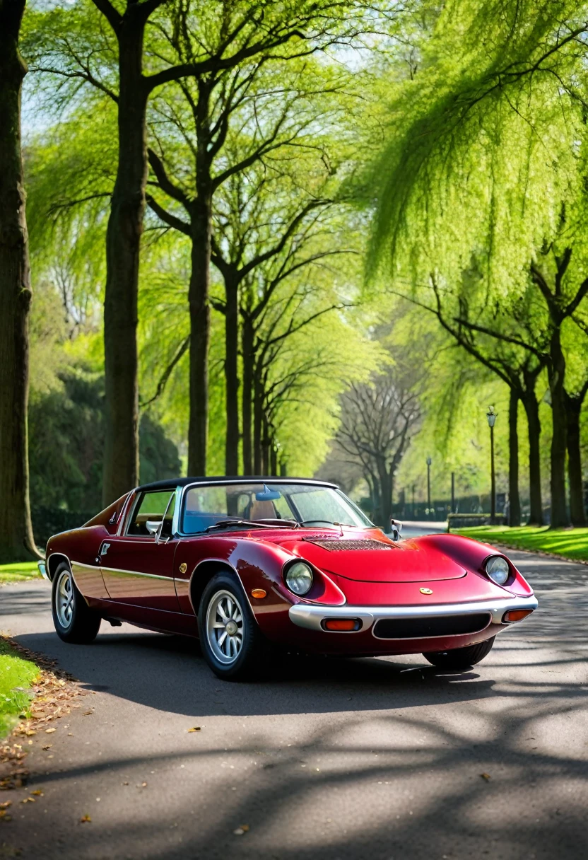 1974 Lotus Europa Twin Cam Special 5-speed, the color of the car is wine red, it is running on a green park road, the sunlight filtering through the trees illuminates the car, the sunlight is gentle, the shadows are deep, it is spring, professional lighting, professional camera,