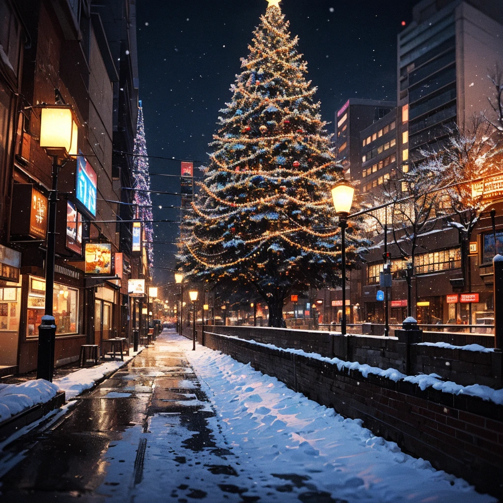 (No People), Unattended, No One, Landscape, Winter, Christmas, City, Tokyo, Sidewalk, Snow, Light Up, Night, HD Detail, Ultra Detail, Film, Hyper Realism, Soft Light, Deep Focus Bokeh, Ray Tracing, Art Station pixivgwise, Makoto Shinkai, Art Germ