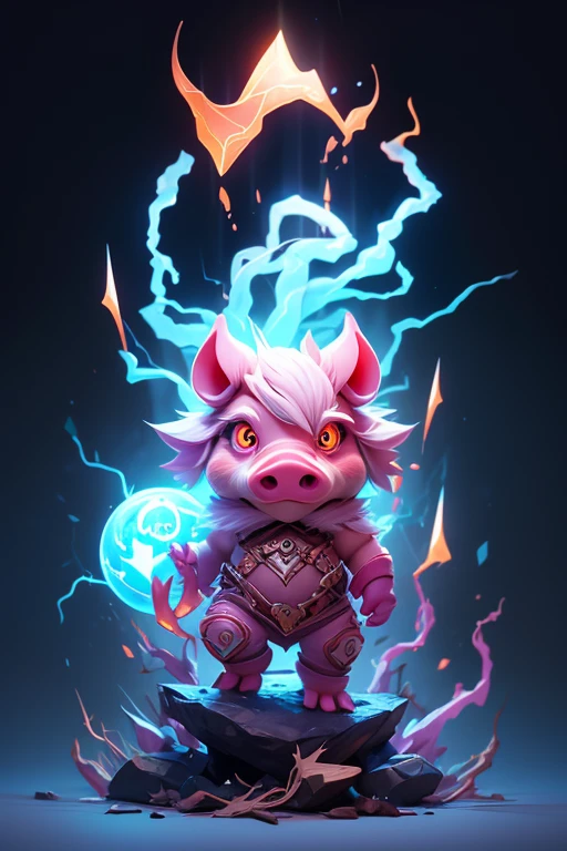 Create an image of a pig monster with lightning element., The body is transparent and can be seen through. The image is sharp and detailed., with beautiful colors.. With arms, leg, eyes, mouth, พื้นหลังสีlegว