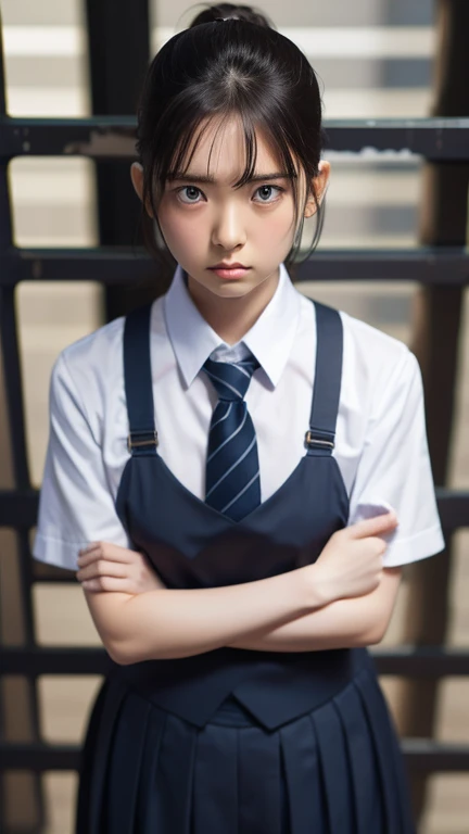 8k、cute、Adult、((prison)), uniform、Very angry、rage、Glare、Arms crossed、((female standing)), a female is looking down, opponent is looking up from below,