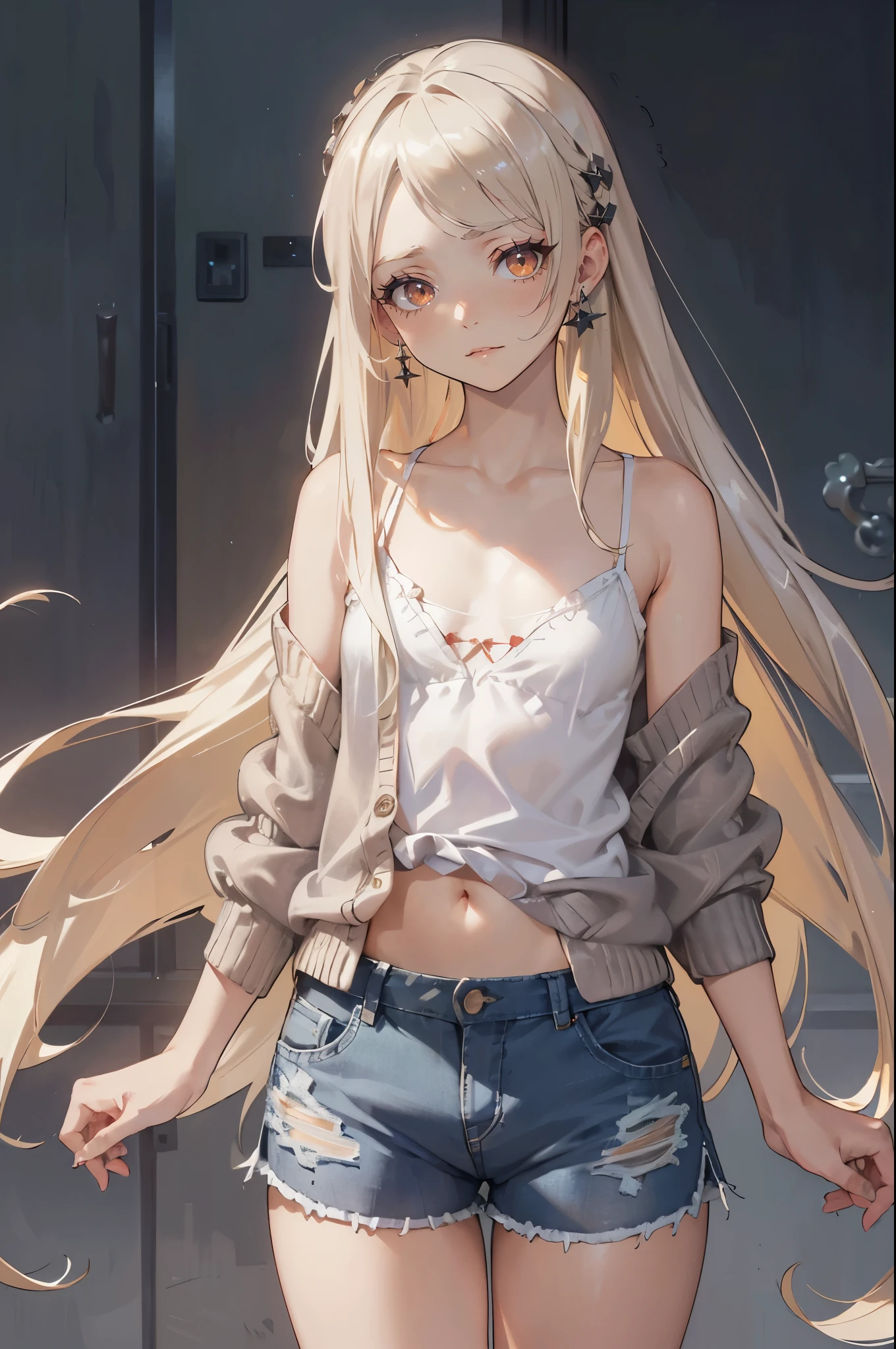 Photorealistic:1.5, Beautiful woman, hairstyle that bounces outward, (medium long platinum blond hair:1.5), (platinum blond colored eyelash:1.5), (parted bangs:1.5), (amber color eyes:1.5), (sleepy face:1.5), blush:1.2, (tilt one's head:1.5), (hairpin:1.1), (masterpiece:1.3), (best quality:1.3), high-resolution, Head-on angle, Body facing forward, solo, beautiful detailed eyes, mid day, (((best quality, textile shading, ultra detailed))), extremely detailed CG unity 8k wallpaper, Highly Detailed beautiful and aesthetic, high resolution, detailed, dramatic lighting, 1Character, soft, gentle colors, (flat chest:1.5), (white camisole:1.5), (blue shorts:1.5), (Navel peeking out a little:1.2), (super long hem summer cardigan:1.5), (skinny:1.5), blur background, nature park, standing:1.2,