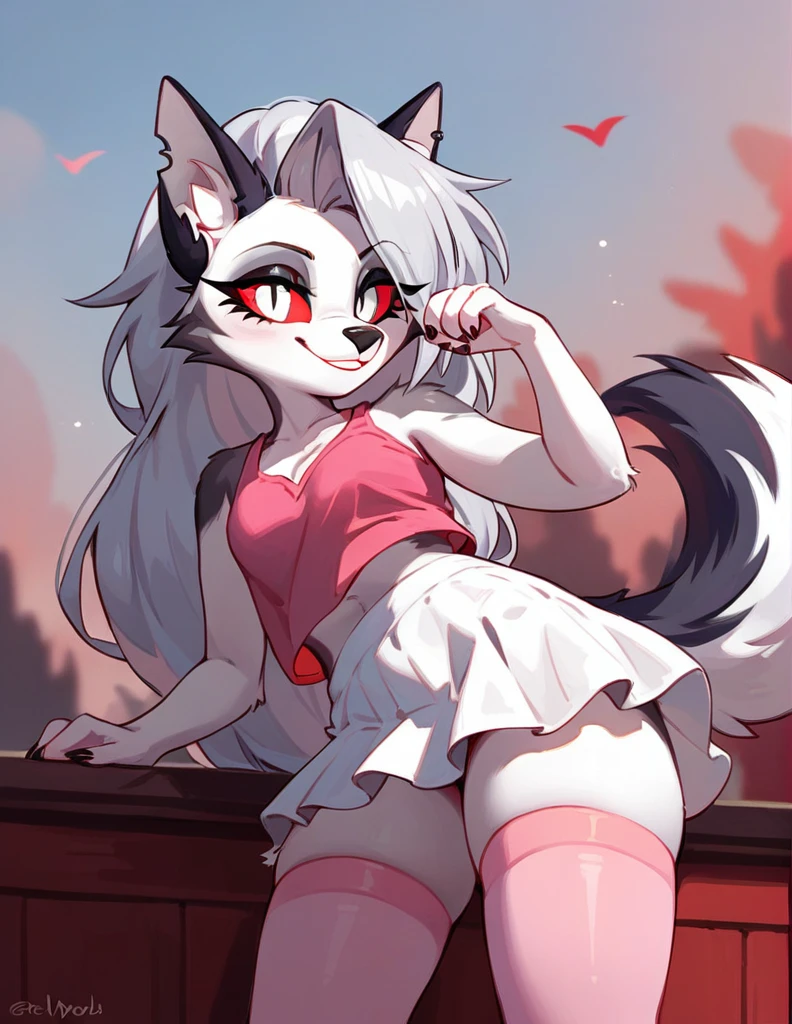 score_9,score_8_up,score_7_up, source_cartoon, source_furry, loona from helluva boss, hellhound, long white hair, hair in a pony tail, pink scrunchy, white eyes, red sclera, wearing pink tank top, white skirt, pink thigh high socks, smiling, cute pose