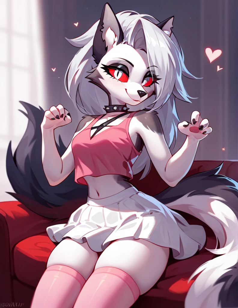 score_9,score_8_up,score_7_up, source_cartoon, source_furry, loona from helluva boss, hellhound, long white hair, hair in a pony tail, pink scrunchy, white eyes, red sclera, wearing pink tank top, white skirt, pink thigh high socks, smiling, cute pose