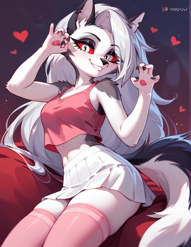 score_9,score_8_up,score_7_up, source_cartoon, source_furry, loona from helluva boss, hellhound, long white hair, hair in a pony tail, pink scrunchy, white eyes, red sclera, wearing pink tank top, white skirt, pink thigh high socks, smiling, cute pose