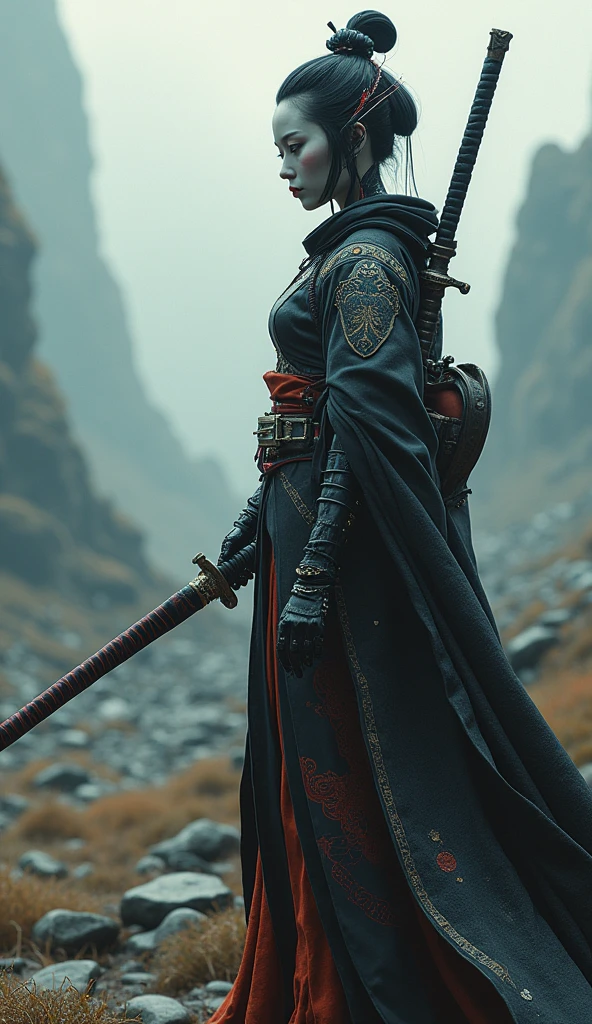 A highly detailed android geisha with a samurai sword, a female space marine, futuristic feudal Japanese sci-fi landscape on an alien planet, cinematic dramatic lighting, muted color palette, dark sci-fi atmosphere, best quality, 8k, highres, masterpiece,ultra-detailed,realistic,photorealistic,photo-realistic,HDR,UHD,studio lighting,ultra-fine painting,sharp focus,physically-based rendering,extreme detail description,professional,vivid colors,bokeh