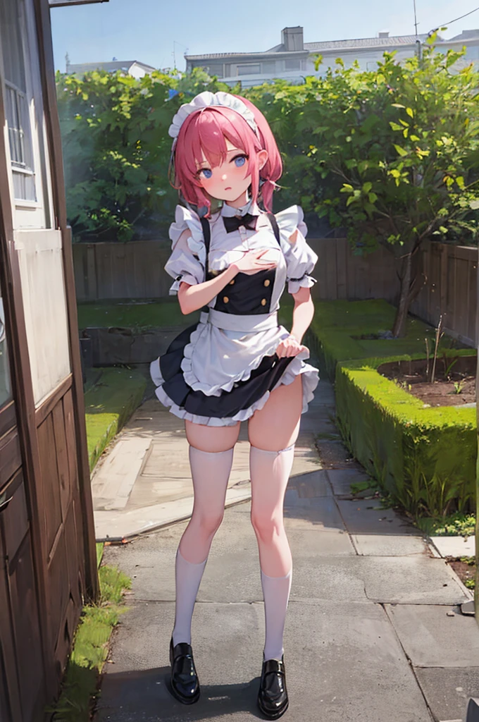 young girl, with maid outfit, ((standing backwards)), (lifting the skirt with your hands) showing the ass, Embarrassed expression, rich man's house scene, ass completely exposed, wearing thong panties, submissa, Linda, shorth hair,
