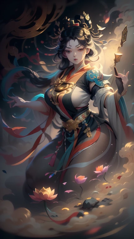 Fantasy，8k,非常に精細なCGユニットのwallpaper, masterpiece,High resolution,Highest quality,Highest quality real texture skin,,Increase the resolution,RAW Photos,Highest quality,Very detailed,wallpaper,Cinema Lighting,Ray-tracing,Golden Ratio, Extremely colorful,Colorful isekai ,(very noble ,, godliness,Three thousand worlds,Infinite happiness,joy,no gravity,Milky Way,background\(heaven\),in the Thick Fog,(Thick Fog:1.5)\),\(below heaven,look up\),(Thick Fog:1.5)，Color is empty，Urgent as a command，Wide-angle lens，Wide composition，Benzaiten，Lotus flowers in full bloom，5th Dimension