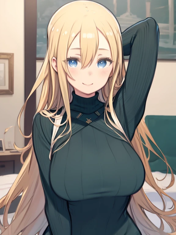 One Woman、Rear view、Blonde Hair、long hair、Hair between the eyes、Blue Eyes、Big Breasts、Huge breasts、Smiling、Turtleneck sweater、Green clothes、Shot from behind、Upper Body、From the knee up、back of head、Butt、Curved waist、