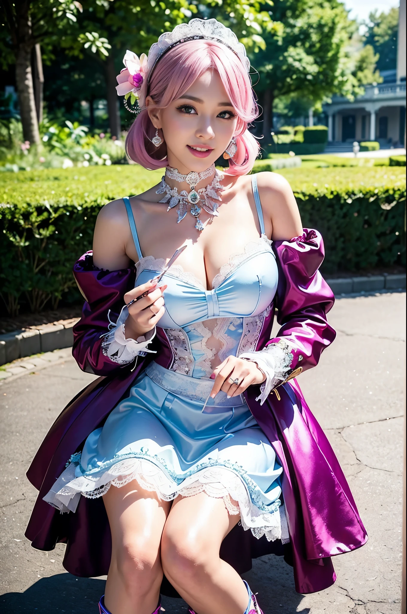 (nsfw), sexy stylish Swedish model, only 1 female, ((doll-like appearance)), short neon pink stylish hair, ((shiny Victorian-Style boots)), (big smile), ultra detailed eyes, vivid eye makeup, lip-gloss, long lashes, defined eyebrows, ((sexy Paradise Kiss cosplay)), bell-shaped skirt, petticoats, high neckline, puffed sleeves, ((ultra detailed lace)), ((ultra detailed embroidery)), intricate details, Paradise Kiss accessoires and matching headpiece, choker, ((large sparkling Paradise Kiss jewelry)), cinematic light, detailed large park background with trees