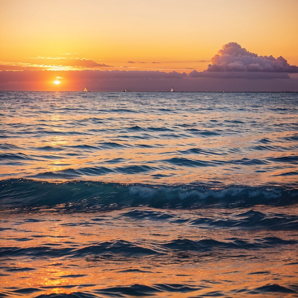 A stunning sunset view from the deck of a boat departing Honolulu. The sun is setting on the horizon, casting a golden and orange glow over the tranquil ocean waters. The silhouette of the Honolulu skyline, including iconic landmarks like Diamond Head, is visible in the distance. Gentle waves ripple beneath the boat, reflecting the vibrant colors of the sky. The scene captures the serene and picturesque beauty of a Hawaiian sunset at sea.