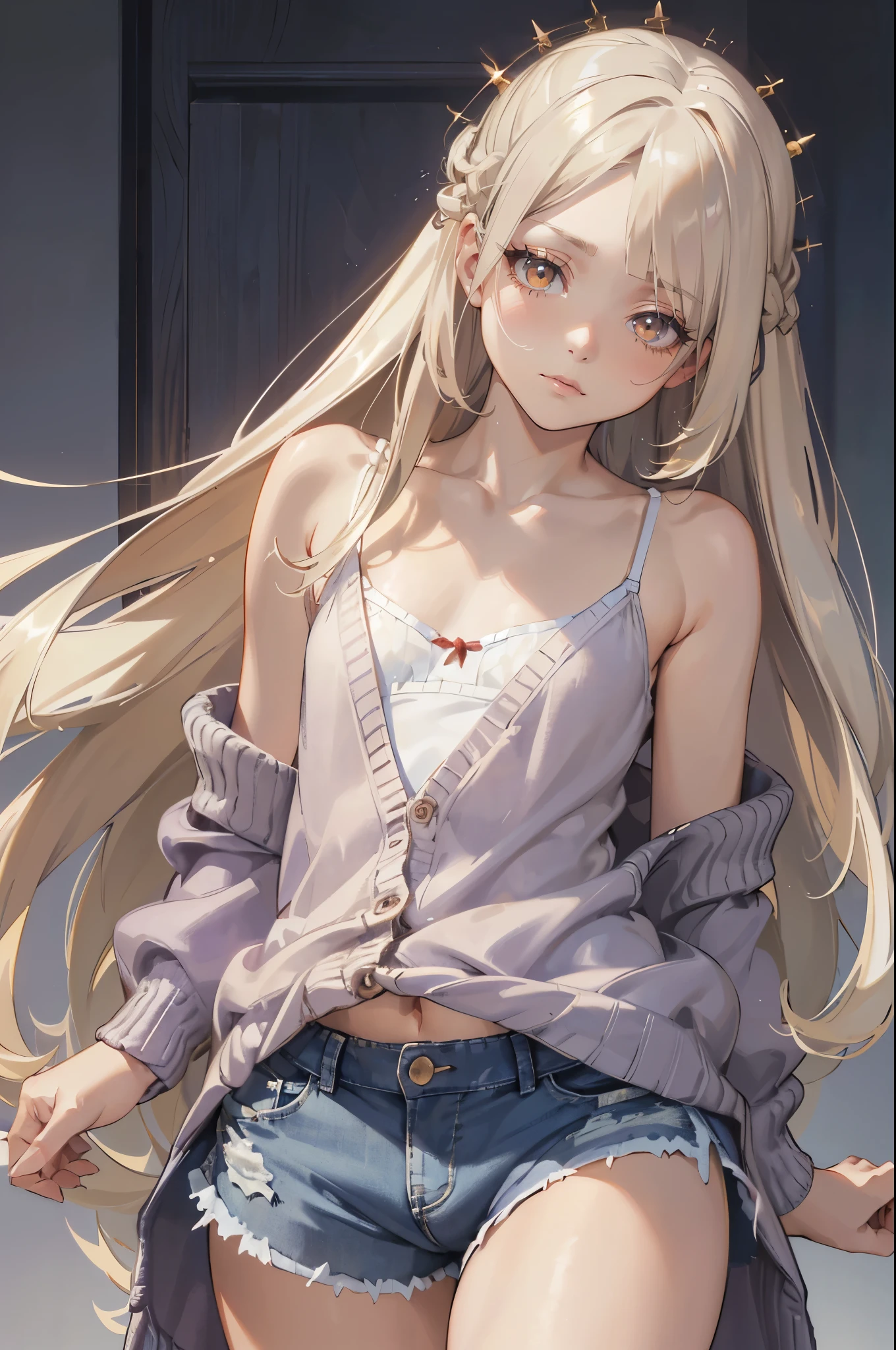Photorealistic:1.5, Beautiful woman, hairstyle that bounces outward, (medium long hair:1.5), (platinum blond hair:1.5), (platinum blond colored eyelash:1.5), (parted bangs:1.5), (amber color eyes:1.5), (sleepy face:1.5), blush:1.2, (tilt one's head:1.5), (hairpin:1.1), (masterpiece:1.3), (best quality:1.3), high-resolution, Head-on angle, Body facing forward, solo, beautiful detailed eyes, mid day, (((best quality, textile shading, ultra detailed))), extremely detailed CG unity 8k wallpaper, Highly Detailed beautiful and aesthetic, high resolution, detailed, dramatic lighting, 1Character, soft, gentle colors, (flat chest:1.5), (white camisole:1.5), (blue shorts:1.5), (Navel peeking out a little:1.2), (super long hem summer cardigan:1.5), (skinny:1.5), blur background, nature park, standing:1.2,