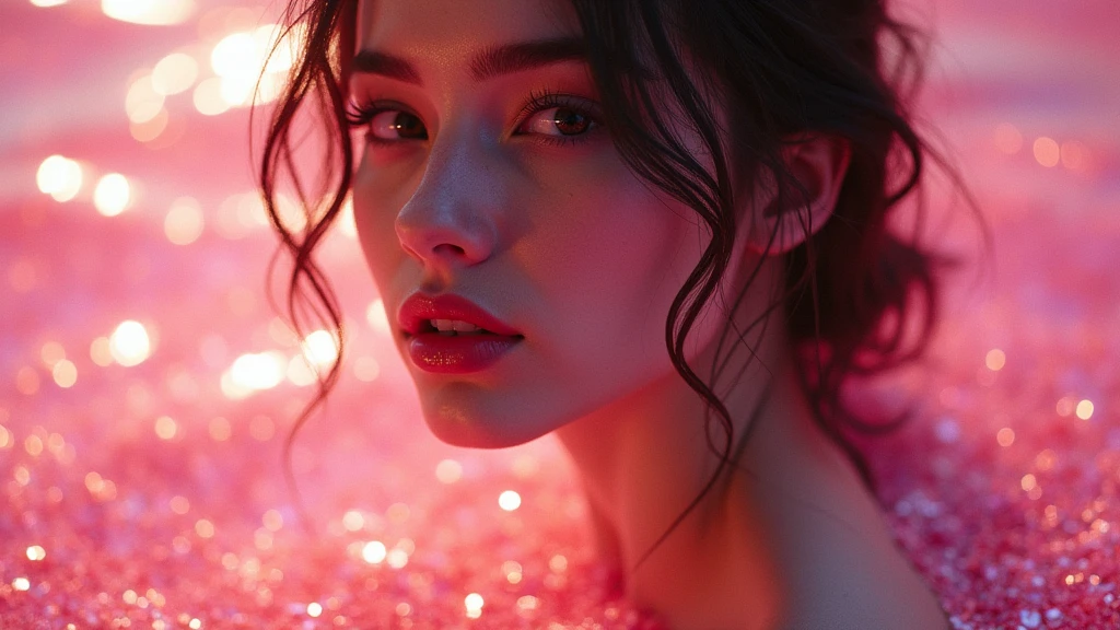 a beautiful girl, 1girl, highly detailed face, beautiful detailed eyes, beautiful detailed lips, extremely detailed face and eyes, long eyelashes, glowing skin, photorealistic, 3D, full body portrait, submerged in a sea of pink glitter, intricate details, shimmering, sparkling, iridescent, mesmerizing, dreamlike, ethereal, cinematic lighting, dramatic shadows, vibrant colors, soft focus, hyper realistic, masterpiece