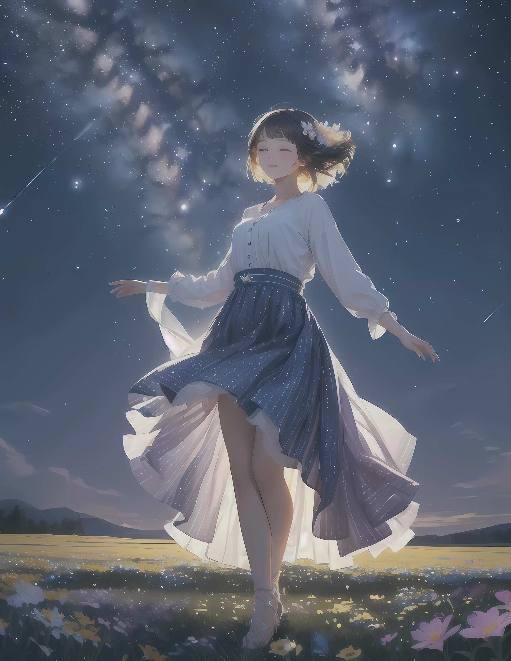 Milky Way in the sky, a pretty looking up at the Milky Way, posture is pinned in close-up body, landscape with dancing wind and flowers, painting with beautiful expression of light, the girl is standing as if dancing
