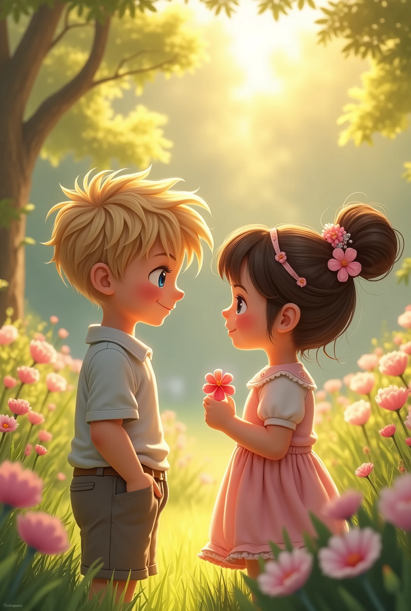 a blonde boy and a brunette girl with a bun hairstyle dating