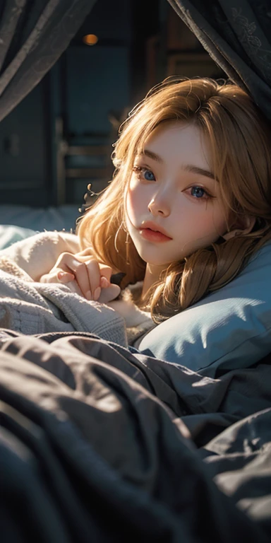 (masterpiece: 1.2, Portraiture, Highest quality), Realistic, (Live Action, Intricate details, Written boundary depth), Highest quality, masterpiece, Attention to detail, semi-Realistic,  Sleeping in bed, shy, 21 years old, Short Blonde, blue eyes, pajamas, Slim figure、Canopy bed、 sleeping beauty,