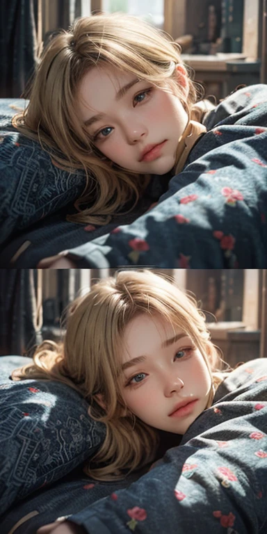 (masterpiece: 1.2, Portraiture, Highest quality), Realistic, (Live Action, Intricate details, Written boundary depth), Highest quality, masterpiece, Attention to detail, semi-Realistic, Sleeping in bed, shy, 21 years old, Short Blonde, blue eyes, pajamas, Slim figure、Canopy bed、 sleeping beauty,