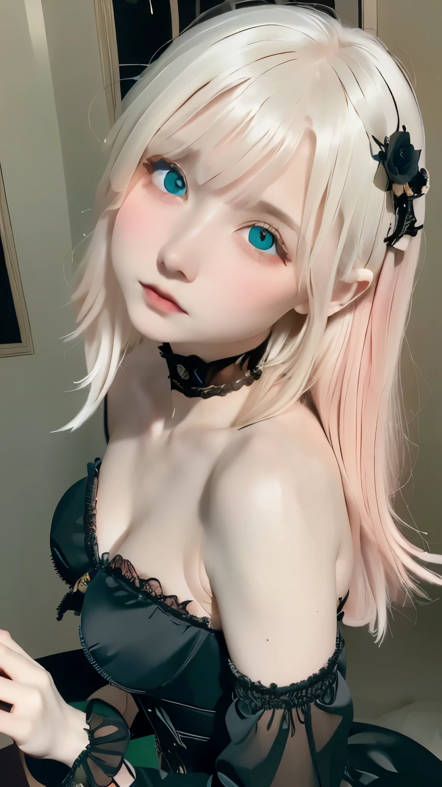 (UHigh resolution, retina, masterpiece, Accurate, Anatomically correct, Textured skin, Very detailed, Attention to detail, high quality, 最high quality, High resolution, 1080P, High resolution, 4K, 8k, 16K), (Beautiful details, Beautiful lip detail, Very detailedな目と顔), Studio Lighting, Physically Based Rendering, Vibrant colors, (Gothic Dress), (Portraiture, Shiny Hair, Glowing Skin), [Stained Glass Windows, Bokeh], (incline one's head to the side:1.5), Eye Reflexes, (blush:1.5), (Gothic art, Pale skin, From above:1.5), Monochrome,