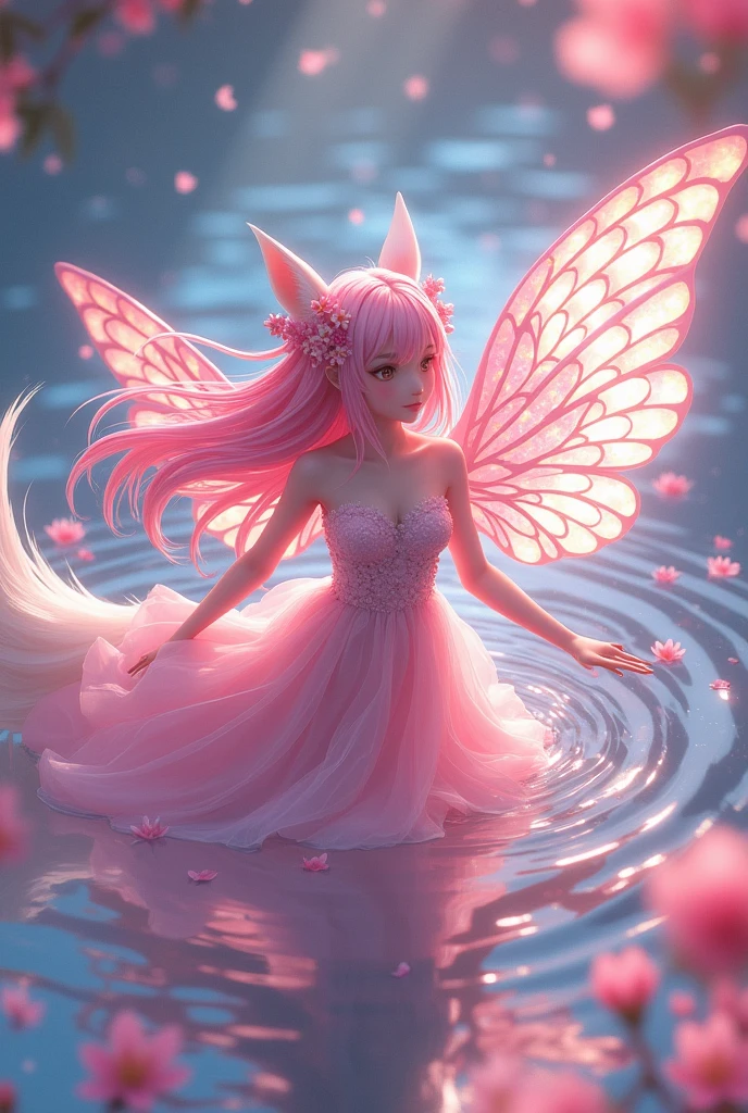 a gorgeous anime woman glide over a surface speckled with blossoms, water ripples forming a surreal mosaic, reflecting shards mimic a glass shimmer, ethereal shield radiates with a myriad of scales that gleam with iridescence, their sheen evoking molecular intricacies, an allure that infuses the aquatic milieu with a holy essence, beams and coronal lights amplify chromatic brilliance, Nine snow-white fox tails (1.0), milky fox tail (1.0), fox close-up of nine tails, nine-tails, nine-tails, woman with pink hair and pink dress with flowers on her hair, very beautiful anime fox deity, beautiful anime fox woman, beautiful fantasy anime, guweiz, anime girl with fox ears, beautiful anime woman, very beautiful and cute fox woman, pink flower rain, background blur, anime style 4 K, anime fantasy artwork, 4k anime wallpaper, Artwork in the Guvez style