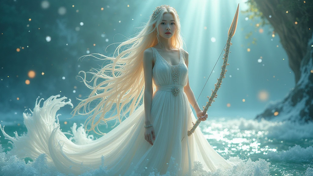 Xianxia goddess in white dress (wet see-through skimpy dress), blonde hair with iridescent seashells and pearls, houseki no kuni, (pale white skin, gray eyes, glowing pupils), holding arrow, background with sea themed details, falling diamonds, light effects