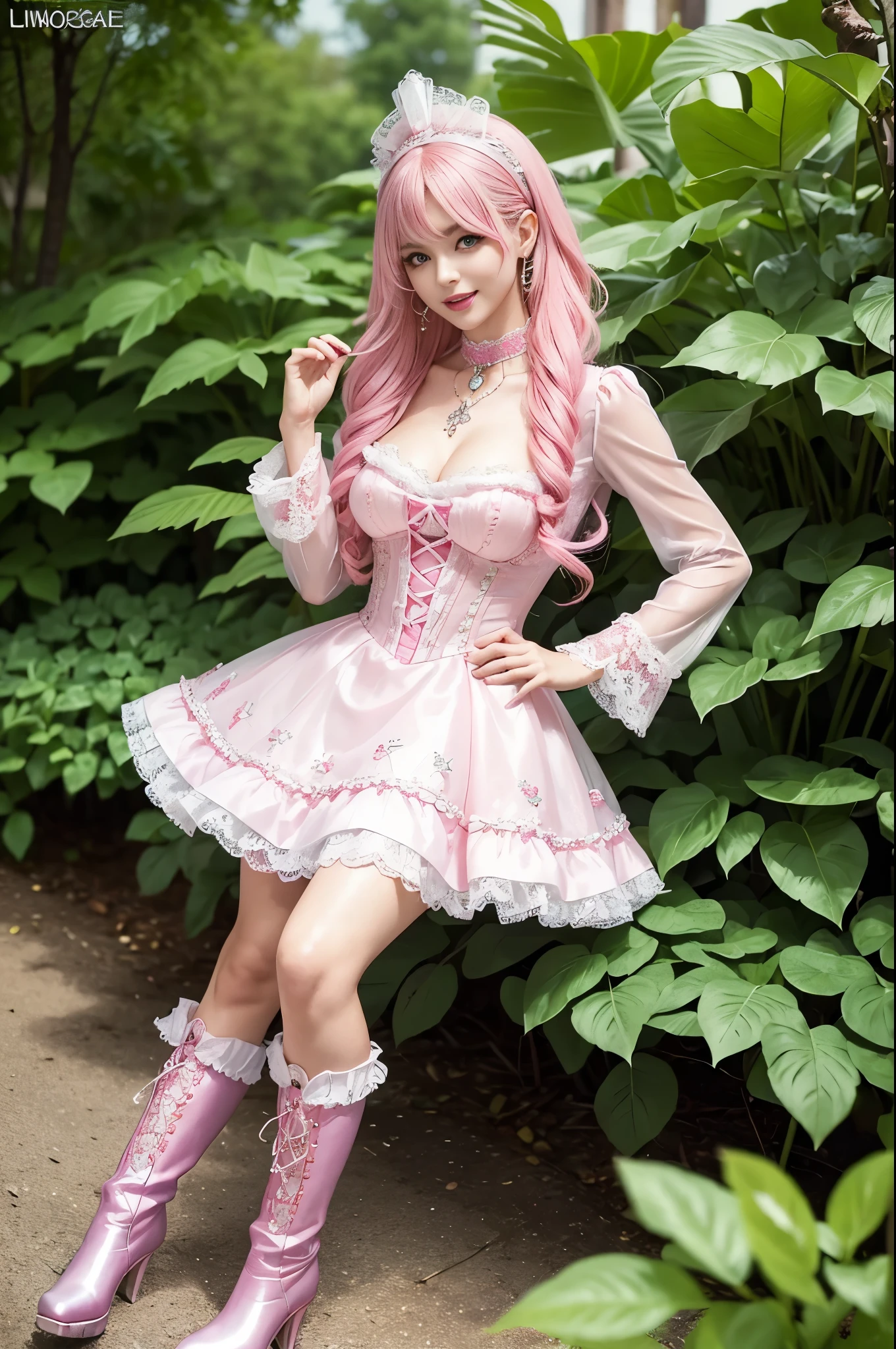 sexy stylish Swedish model, only 1 female, ((doll-like appearance)), long neon pink stylish hair, ((shiny Victorian-Style boots)), (big smile), ultra detailed eyes, vivid eye makeup, lipgloss, long lashes, defined eyebrows, ((sexy Paradise Kiss cosplay)), bell-shaped skirt, petticoats, high neckline, puffed sleeves, ((ultra detailed lace)), ((ultra detailed embroidery)), intricate details, Paradise Kiss accessoires and matching headpiece, choker, ((large sparkling Paradise Kiss jewelry)), cinematic light, detailed large park background with trees