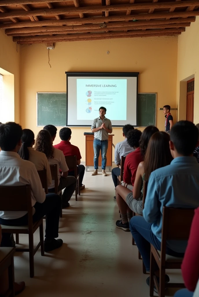 Group of people gathered in a neighborhood hall with a 25-year-old Brazilian male speaker presenting a slide with the title: IMMERSIVE LEARNING. The environment is a neighborhood environment, without luxury. People wear basic everyday clothes and the speaker wears basic everyday clothes. People are sitting in chairs looking at the speaker. There are no posters on the wall in the photo. In front of the speaker is a classroom desk.. The image is a bit far from the speaker and the environment is spacious.
