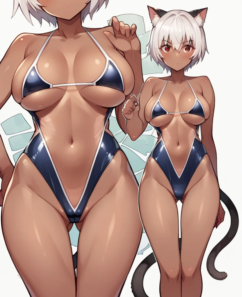 1 person, solo, breasts, looking at viewer, short hair, large breasts, red eyes, navel, animal ears, tail, swimsuit, black swimsuit, white hair, thighs, cat ears, dark brown skin, dark brown skinned woman, cat tail, zoom layer, sexy swimsuit, sensitive swimsuit, obscene swimsuit, obscenely designed swimsuit, sexy swimsuit, risqué swimsuit, erotic swimsuit, exposes navel, very little swimsuit fabric, no underwear except for ultra-thin V front micro plunge, ((only ultra-thin V front micro plunge)), ((only black ultra-thin V front micro plunge))