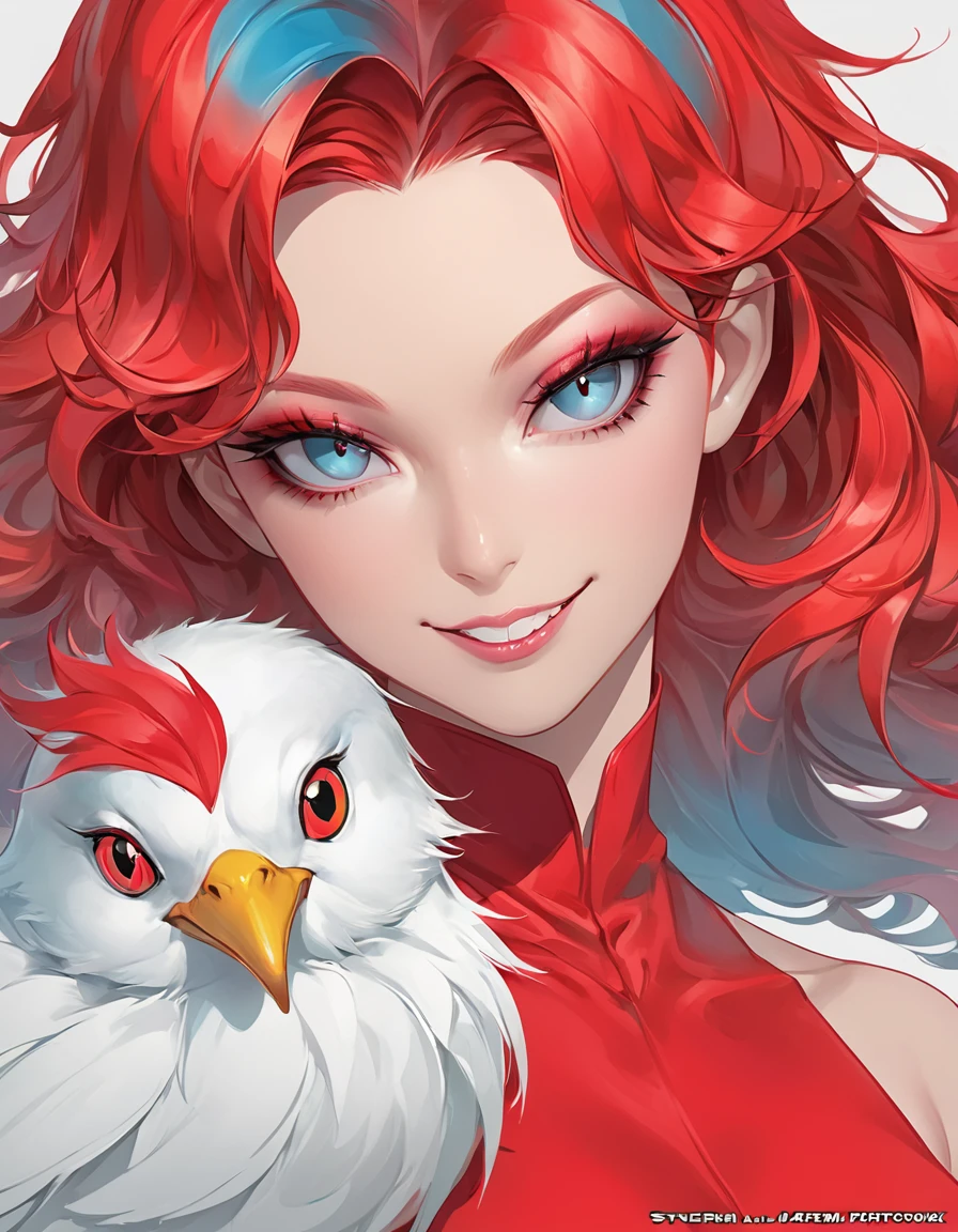 a close up of a woman in a red costume with a bird on her shoulder, (smile),artgerm and james jean, artgerm greg rutkowski _ greg, featured on artgerm, artgerm style, as seen on artgerm, artgerm colorful!!!, artgerm julie bell beeple, jessica rabbit, artgerm comic, stephen lau and artgerm, as seen on artgerm, artgerm julie bell beeple, stanley artgerm lau, artgerm and ben lo, portrait , artgerm on artstation pixiv, posing for photoshoot, beautiful sexy and beautiful and attractive, wide angle photograph